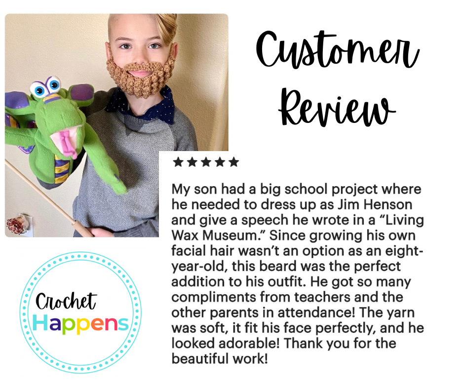 Child in crocheted beard with customer review